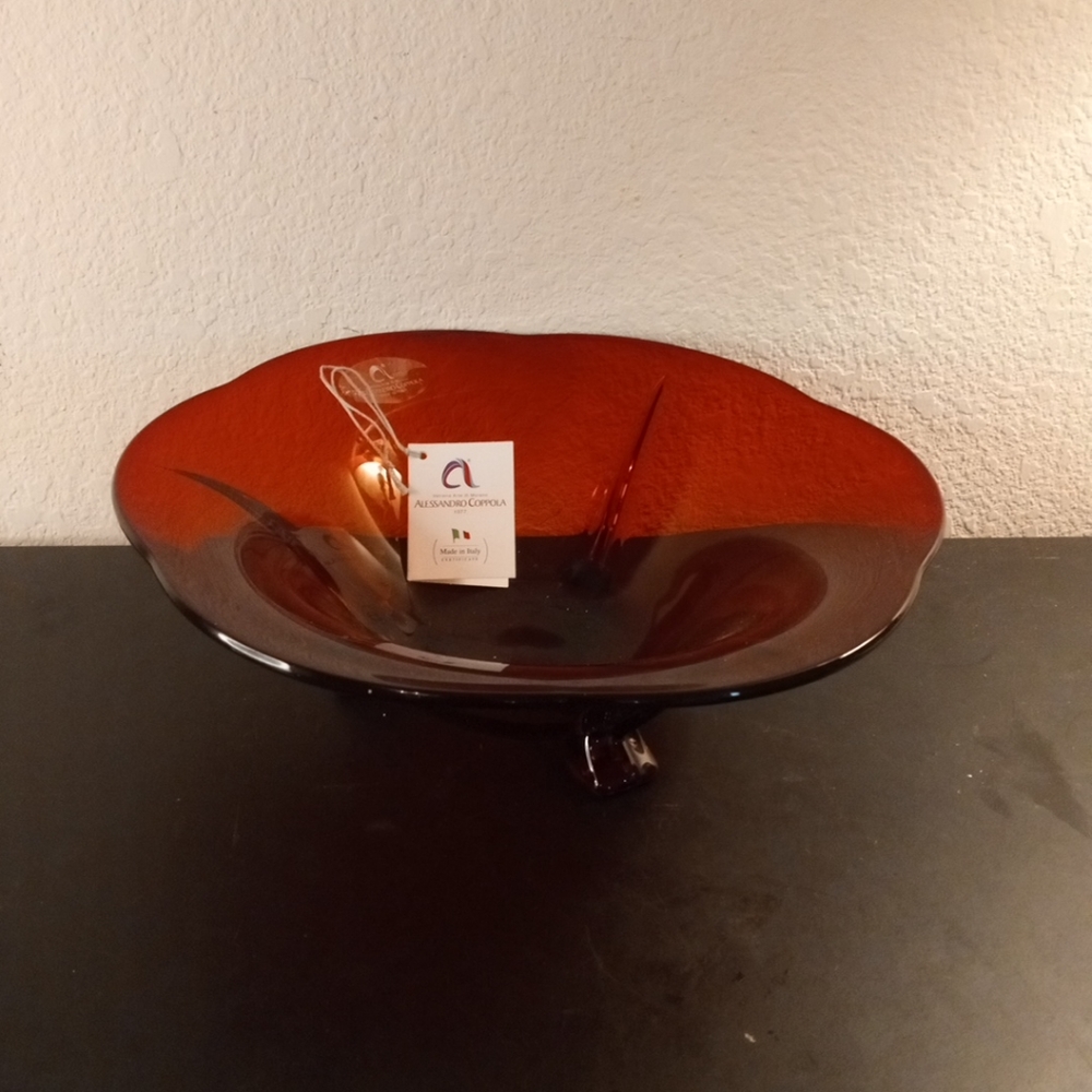 EXQUISITE NWT Alessandro Coppola Murano Italy 12" Scalloped Red Ruby Footed Bowl
